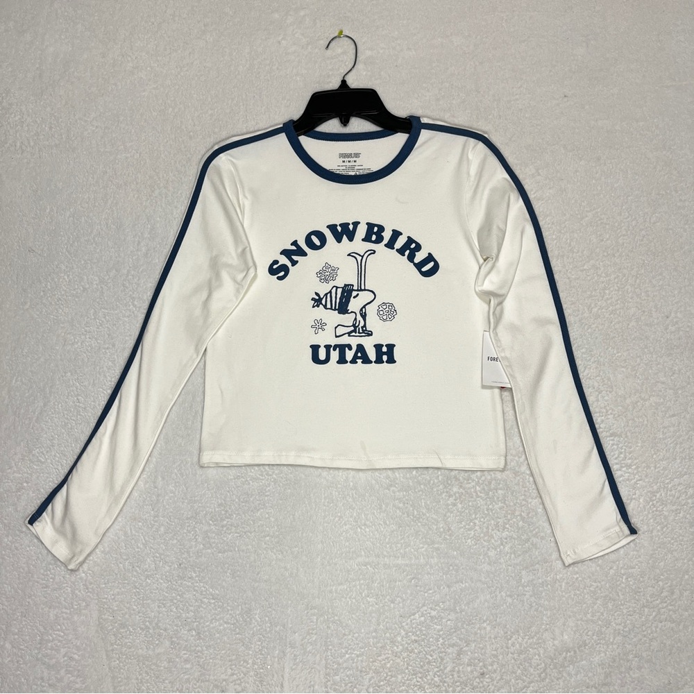 FOREVER 21 PEANUTS Long Sleeve Tshirt Woodstock "Snowbird Utah" White Blue Med.